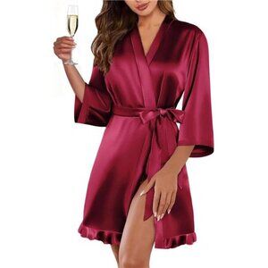 Women’s Wine Red Satin Kimono Robe Short Silk Feel Bridal Robe with Ruffled Hem